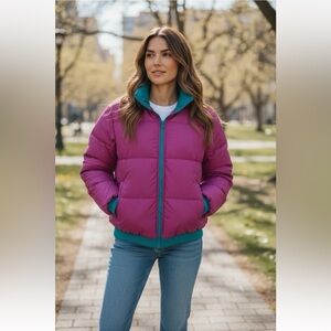 Vintage Columbia Women’s Reversible Puffer Jacket Teal & Pink Down Size M